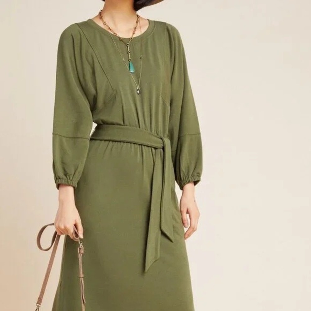 Anthropologie Thalia Midi Dress XL Olive Green Sweatshirt‎ Belt Missing Pocket